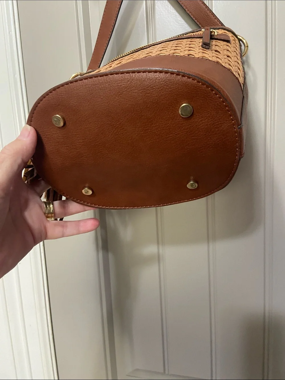 Woven Rattan & Brown Leather Bucket Bag with Tassel
